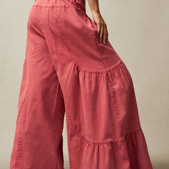 Red Boho Women's Wide Leg Low Waist Loose Pants - Picture 6 of 7